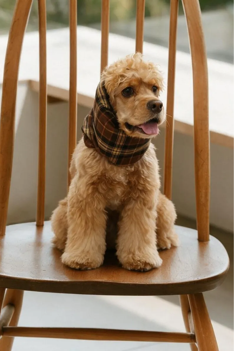 Jelimのスヌードを着用したベージュの犬が椅子に座っている。